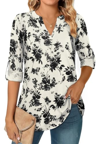 Amrto Damen Blusen Hemdbluse Damen Bluse Elegante Oberteile Damen Herbst Tunika Damen Große Größen V Ausschnitt Damen Oberteil Oversize Shirt Basic Shirt Damen Langarm Festliche Blusen Damen, XXL