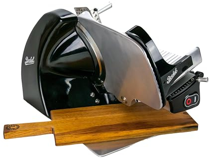 Berkel Affettatrice Home Line 250 in nero – Affettatrice Premium con tagliere realizzato a mano in legno di barile + vassoio da portata
