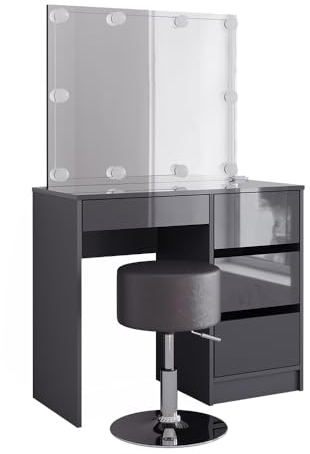 Vicco Schminktisch Sherry, Anthrazit Hochglanz, 90 cm mit LED Beleuchtung und Hocker