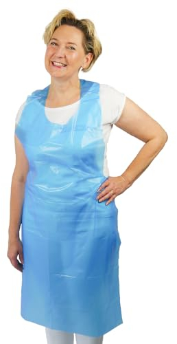 ARNOMED PE Einwegschürzen 50 Stk, Schürze Wasserdicht, Plastikschürzen 18µ dick, Geblockte Einmalschürzen Gr 75x125cm, Schürze Blau Ölbeständig, Fleischer-/Metzger-Schürze, Medizinische Einwegschürze