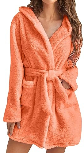 Cihdmfb Fleece Bademantel mit Kapuze Damen kurz Plüsch Bademantel Winter Einfarbig Warme Morgenmantel Damen leicht flauschig Bademäntel süß kurz Hausmantel mit Taschen(E Orange,M)