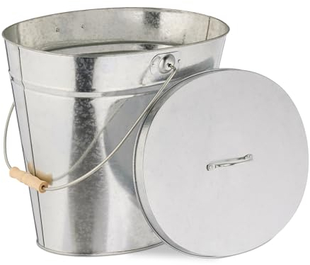Relaxdays Ascheeimer mit Deckel, 22 l, Aschetonne mit Henkel, für Kohle & Asche, Kamin, Ofen, verzinkter Stahl, Silber
