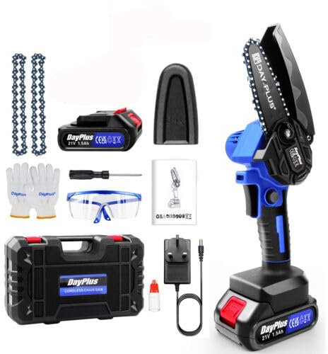 Mini motosega a batteria 4 pollici (10 cm), motosega a batteria con 2 batterie da 1,5 Ah, 2 catene, 1 piastra di guida, 2000 spm per lavori di giardinaggio e legno