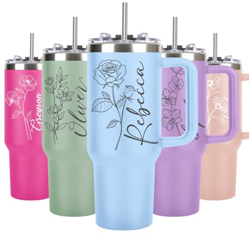 40OZ Personalised Coffee Travel Mug with Handle Text Name 40oz/1135ml Gifts for Women Mom Birthday Travel Insulated Travel Cup with Straw and Lid-Stainless Steel Travel Mug 40 Oz (Birth Flower)