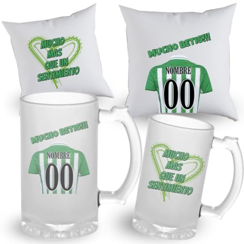 JARRA cerveza personalizada de futbol + COJIN personalizado CON RELLENO - Regalos originales - Regalos futbol - Camiseta equipos de futbol - Personaliza con tu nombre y tu numero - (Betis)