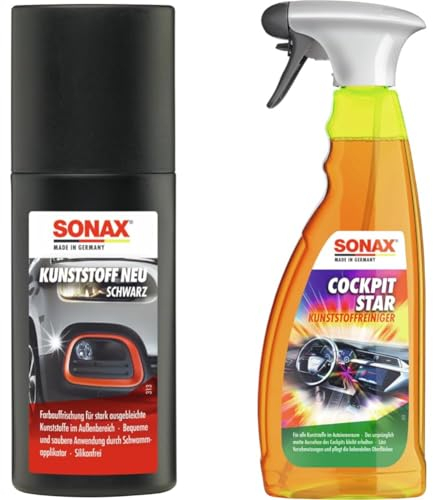 SONAX Kunststoff Neu Schwarz (100 ml) & CockpitStar (750 ml) Cockpitreiniger reinigt und pflegt alle Kunststoffteile im Auto, antistatisch und staubabweisend/Art-Nr. 02494000
