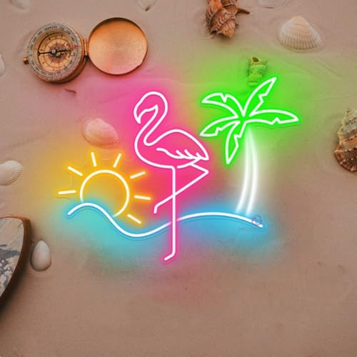 Enseigne Lumineuse d'été à Intensité Variable LED Acrylique Rose Flamant rose palmier vert néon décoration lumineuse lumière néon personnalisée pour chambre de fille, mer, hôtel, plage, fête au bord