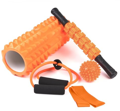 unycos - Faszienrolle【PP/EVA】| 5-in-1-Set, Muskelmassageroller/Foam Roller der 120 kg Trägt, Fitness-Widerstandsband, Massageball, Rehabilitationsstab, Formseil und Aufbewahrungstasche (Orange)