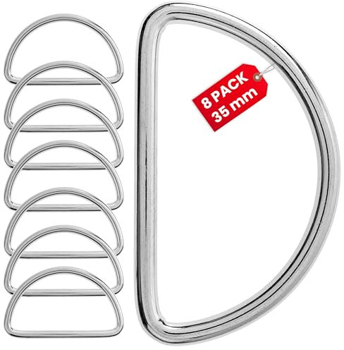 D-Ringe aus Metall, 8 Stück, für 35 mm breite Gurtbänder, Silber-farben, 3 mm starker Ring, Metallring geschlossen ohne Öffnung, halbrunder Ring vernickelter Stahl, D-Ring Schnalle für DIY, Gurte