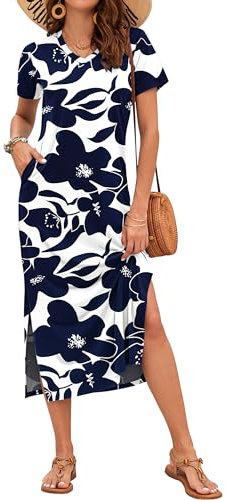 AUSELILY Longues Robes D'Été pour Femmes,Robe Femme De Plage Fendues,Manches Courtes,Col en V,avec Poches Fleur Blanche Marine L