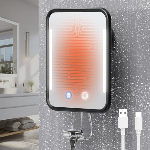 Gospire Espejo de ducha con calefacción sin niebla para afeitarse con luz, batería recargable de 5000 mAh, ventosa desmontable y soporte para maquinilla de afeitar para pared, sin perforación,