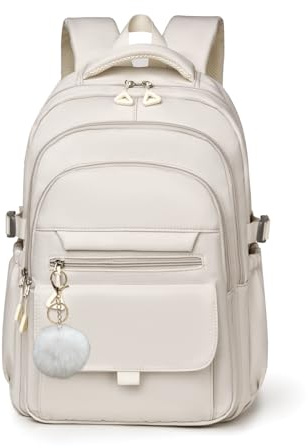 NIWEIYA Kids Backpack for Girls & Boys, Cute Solid Color Aesthetic Bookbag Elementary School Bag for Girls, Beige-white, M
