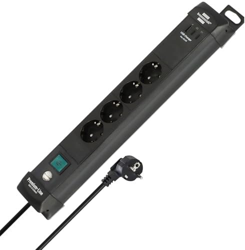 Brennenstuhl Premium-Line Steckdosenleiste 4-Fach mit 2X USB C PD 65W und USB A 18W (Made in Germany, Mehrfachsteckdose mit Schalter und 3m Kabel, Steckerleiste zur Wandmontage) schwarz
