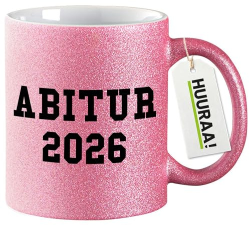Huuraa Glitzertasse Abitur 2026 ABI Geschenk | Motivtasse 330ml Glitzer Tasse mit Spruch Pink Keramik Kaffeebecher Geschenkidee Pinker Glitter Becher mit Motiv