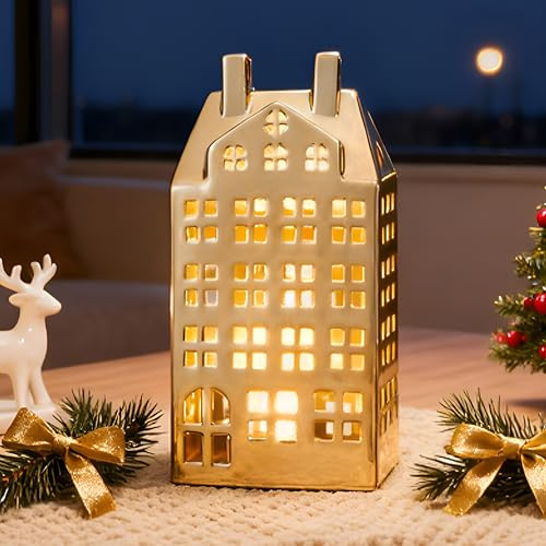 DN DECONATION Weihnachtsdeko Häuser LED Deko Weihnachten – goldenes Keramik Weihnachtshaus beleuchtet, Weihnachtsdorf mit Beleuchtung, Lichthäuser Deko Haus für Weihnachtsdeko innen Weihnachten