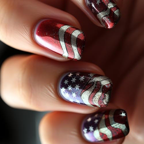Independence Day Lot de 24 faux ongles à presser avec étoiles et rayures Motif étoiles et rayures 4 juillet