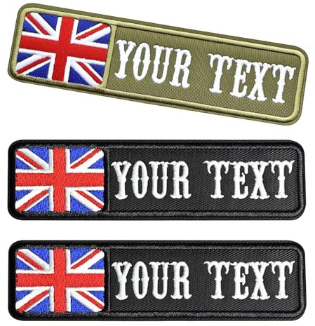 2PCS Personalized Name Patch, Custom Embroidery Military Name Tags with Hook Loop/Iron on, British Flag Tactical Moral Patches for Camouflage Uniform, Jacket, Backpacks, Dog Harness