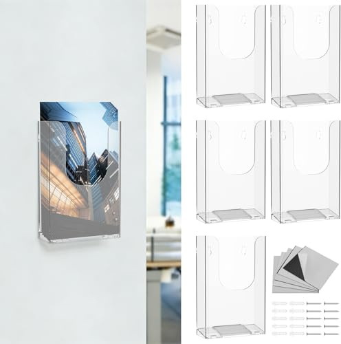 harupink 5 Stück Prospektständer Wand Ohne Bohren Flyerständer mit 2 Montagemethoden,Transparenter Standfeste Prospekthalter Acryl Flyerhalter für DL Flyer und DIN A6 Postkarten (5pcs)