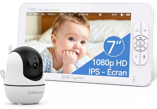 Babystar Camara Vigilancia Bebe con 7 1080P HD Pantalla, Sin WiFi | Vigilabebés con Cámara, Batería de 4000mAh, Audio Bidireccional, Zoom 4X, Visión Nocturna, VOX, sensor de temperatura