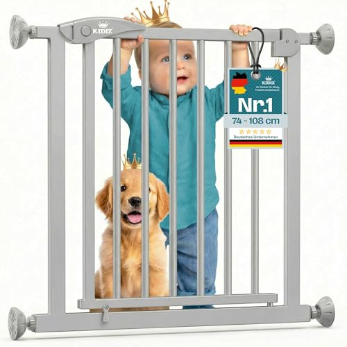 KIDIZ Treppenschutzgitter ohne Bohren | Verstellbare Breite: 81-87 cm, 75 cm hoch, Türschutzgitter und Absperrgitter für Kinder und Hunde, Beidseitige Einhand Öffnung, 90° Open-Stop System, Grau