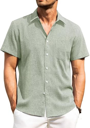 PrimeCrest Chemise Homme Manches Courtes Lin Été Léger Décontractée Boutonnée Respirante Régulière Unies Plage col Boutonné Classique avec Poche Poitrine Vert M