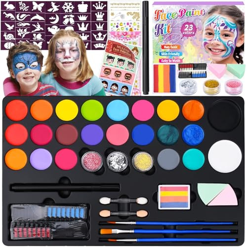 TEGOVE Truccabimbi Kit,23 colori Body Painting Colori Con 33 Stampini E 5 Pennelli,Face Painting Colori,Corpo Pittura Viso E Corpo,Pittura Corpo,Trucca Bimbi Make-Up Per Halloween,Carnevale,Natale