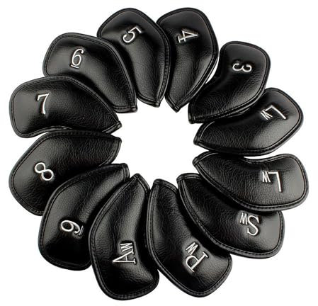 Craftsman Golf 12pcs Thick Synthetic Leather Golf Iron Head Covers Set Headcover Fit All Brands (Black with Silver No.)