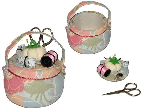 7 TLG. Set: gefülltes Näh-Körbchen Motiv Bunte rosa Blumen - mit Geheimfach und Nadelkissen - Nähkorb