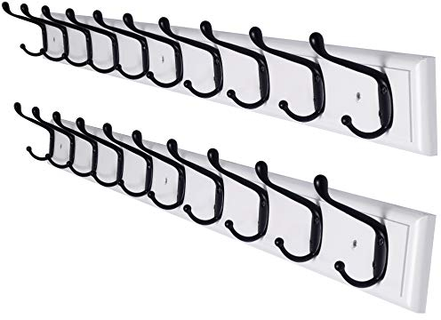 Dseap Garderobenleiste: 97cm lang schwerlas hakenleiste mit 10 doppelhaken, kleiderhaken wand, wandgarderobe, garderobenhaken für mantel hut handtuch handtasche, bambus, weiß, 2-er set