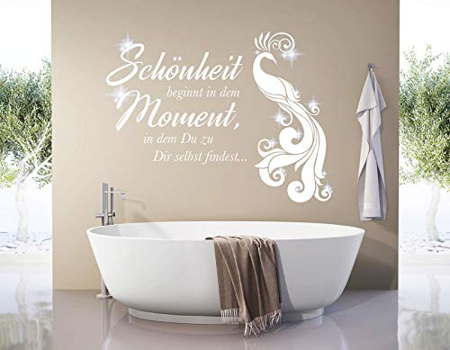 tjapalo® pkm493 Wandtattoo Badezimmer Spruch Wandtattoo Frauen Wandtattoo Jugendzimmer Mädchen sprüche Wandtattoo Schönheit beginnt mit glitzer Kristallen, Farbe: lavendel, Größe: B58xH36cm
