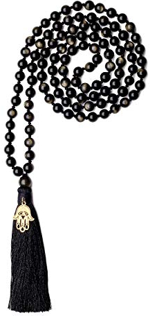 COAI Unisex Handgeknüpft 108 Mala Yoga Kette Buddhistische Halskette Gebetskette aus Goldenem Obsidian mit Quaste und Hamsa Hand Charm