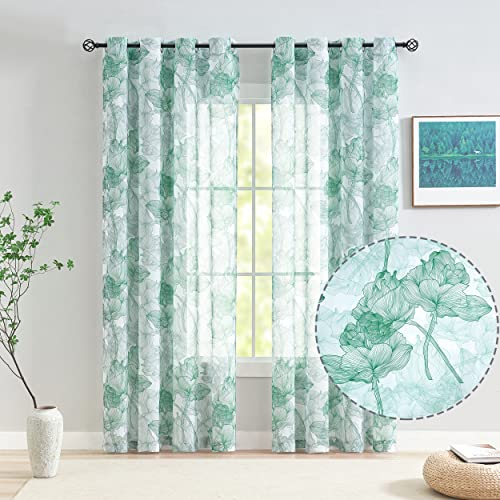 Treatmentex Gardinen Transparente Grün weiße Lotus-Druck Vorhänge mit Ösen Weiche Chiffon Voile Gardinen mit Blumenmuster Fenstervorhänge für Wohnzimmer Schlafzimmer-2 Stücke(Grün,140 x 225cm)