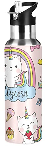 Mnsruu Lindo Arco Iris Gatito Gato Unicornio Botella de Agua Deportes con Pajita, Botellas Termica Acero Inoxidable 600ML Sin BPA para Niños Deportiva Gimnasio Ciclismo Escuela