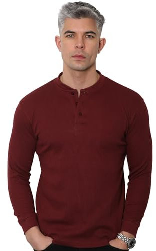 Long Sleeve Henley T Shirt Mens Grandad Shirt Mens Tops Casual Waffle Knit Button Shirt 2208 Burgandy XXL