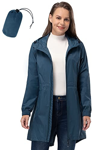 33,000ft Women's Rain Jacket Lightweight Hooded Long Rain Coat Waterproof Jacket Ladies Packable Functional Jacket Windbreaker Breathable Active Outdoor Coats Sapphire Blue 2XL/18