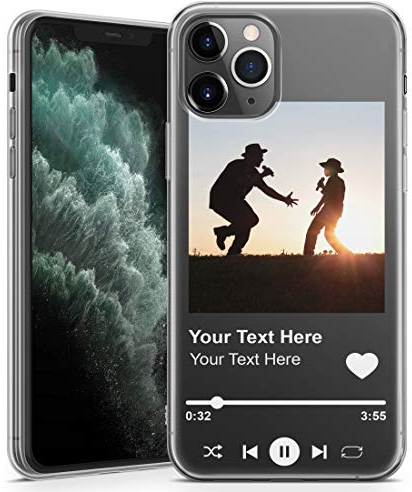 Personalisierte Handyhülle für iPhone 14 - Klare Softgel-Schutzhülle mit individuellem Fotodesign, Songalbum und eigenem Text - Weißer Text