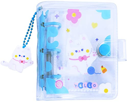 SZHTSWU 20 Blätter 40 Taschen 3 Zoll Mini Fotoalbum Loseblatt Nachfüllbar 3 Ringe Durchsichtig Fotokarte Binder Kpop Fotokarten Halter Buch mit Anhänger zur Aufbewahrung von Bildkarten (Blaue Katze)