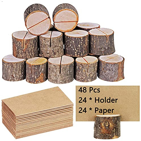 TTBDDM 48 Stück Tischkarte Inhaber, Holz-Kartenhalter, Zylindrisch, Poliert, Vintage-Look, Vielseitigkeit, Hochzeit, Fotos, Memo, Postkartenhalte (24 Halter + 24 Papierkarte)