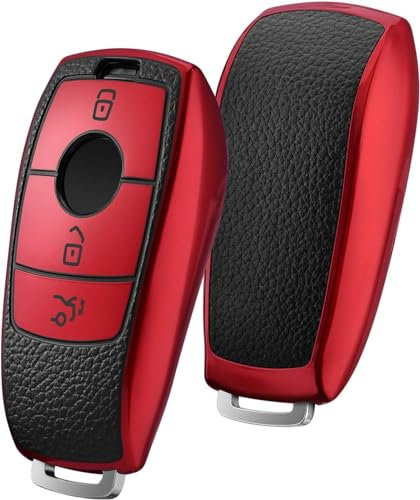 KEYSCOVER Autoschlüsselhülle für Mercedes-Benz Schlüssel - Cover Passend für E, S, A, CLA, GLA, GLE, GLC, GLK und AMG Modelle -Schlankes Design und Einfache Installation (Leder Rot)