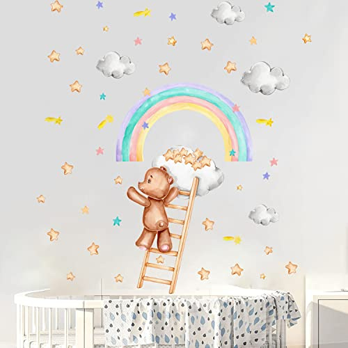 Tanlaby Large Rainbow Bear Wall Stickers Cartoon Bear Climbing a Ladder Wall Decals Clouds Stars Wall Art Sticker for Kids Baby Nursery Bedroom Playroom Kindergarten Wall Decor