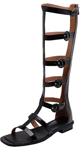 Jamron Donna Punta Aperta Regolabile Sandali con Cinturino Sandali Romani Gladiatore Stivali al Ginocchio con Cerniera Nero SN0702131 EU39.5