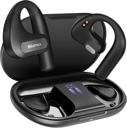 BlitzMax Cuffie Bluetooth 5.3 Orecchio Aperto, Auricolari Senza Fili, Wireless Leggeri, Bassi Potenziati con Doppi Driver da 16,2 mm, Display LED 60 Ore di Riproduzione per Sport, Guida, Camminata