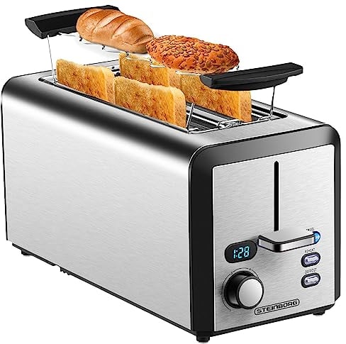 Tostapane a fessura lunga | 4 fette | XXL | 1500 Watt | 6 livelli | Inserto per panini | Funzione scongelamento | Cassetto briciole | Acciaio inossidabile | Doppia fessura | Display LED