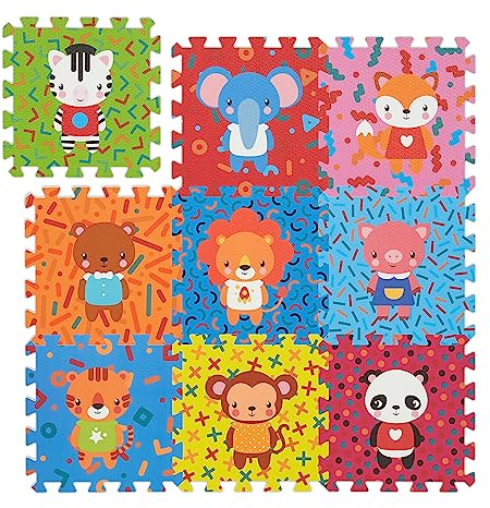 Relaxdays Puzzlematte Tiere, 9-teilige Spielmatte, schadstofffrei, EVA Schaumstoff, Kinderzimmer, 86 x 86 cm, bunt