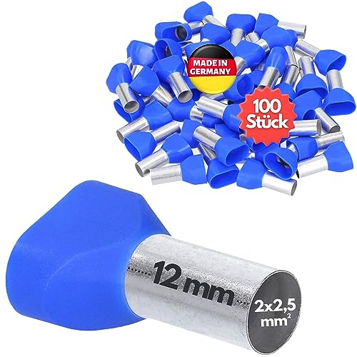 Kalitec AET2512BL - 100 terminali isolati 2 x 2,5 mm², lunghezza 12 mm, blu, Made in Germany, qualità industriale