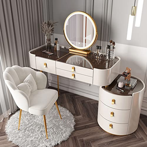 Coiffeuse de Maquillage avec Miroir éclairé et Plateau en Verre, Grand Ensemble de Coiffeuse avec tiroirs, Armoire latérale et Chaise, Table de Maquillage à 3 Couleurs d'éclairage avec lumiè