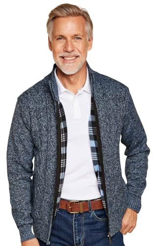 Pegasus Men's Fleece Lined Chunky Cable Knit Full Zip Up Cardigan Navy 38