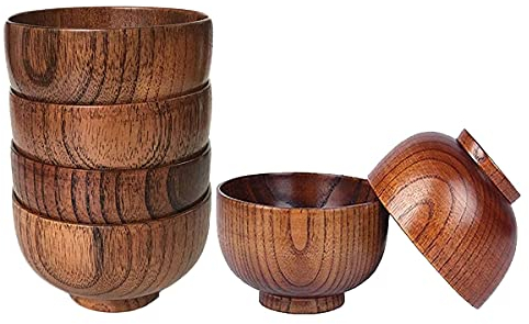 Tagtight Juego de 6 de madera para servir ensalada, cubiertos de madera de, cuenco de arroz para sopa, inmersión, café, té, decoración, ensaladera, juego de cubiertos KüChe (10,5 x 6,7