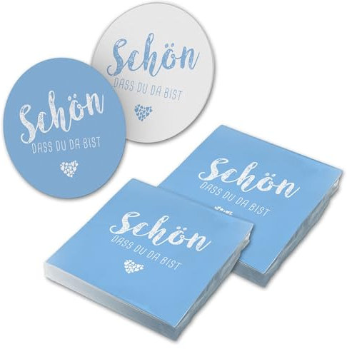itenga 40x Servietten mit 40x Bierdeckel Schön dass du da bist (hellblau)
