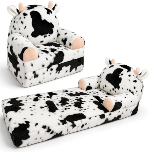 QIUODO Toddler Chair with Faux Rabbit Fur – 2-in-1 Foldable Kids Couch, Soft Sofa for Reading, Bedroom or Playroom Use, Ages 1-3（Cow）